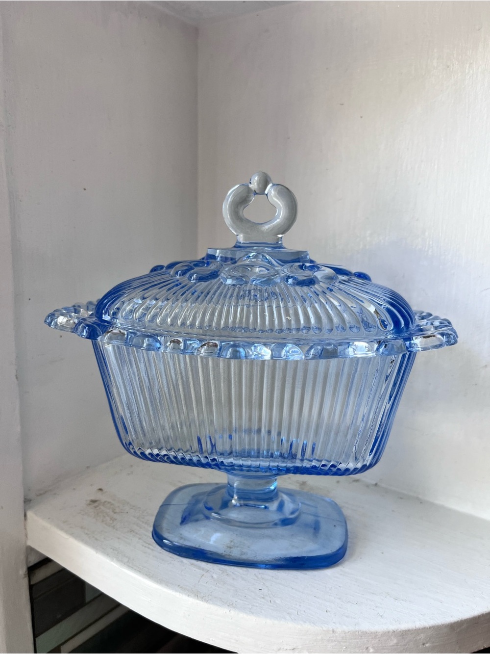 Vintage Open Lace Blue Pedestal Dish